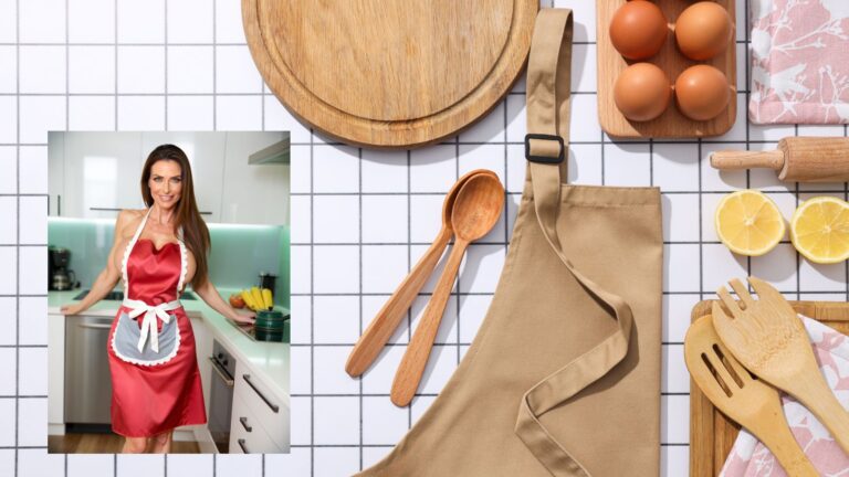 Eva wearing an apron