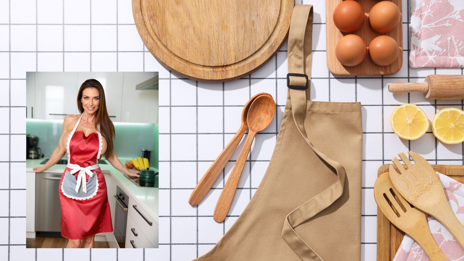Eva wearing an apron