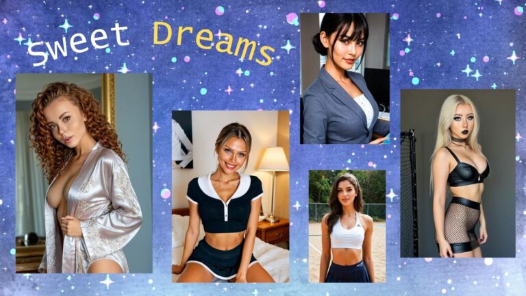 Five AI girlfriends against a dreamy starry night background with the words “Sweet Dreams,” symbolizing emotional connection and adaptive learning from Sweet Dream AI Girlfriend 2025.