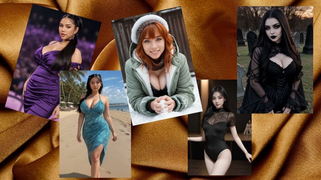 Five ultra-realistic AI girlfriends standing before a gold satin curtain, representing Candy AI, OurDream AI, Dream Companion, Lovescape, and Fanfinity — symbolizing elegance, warmth, and next-gen emotional realism.