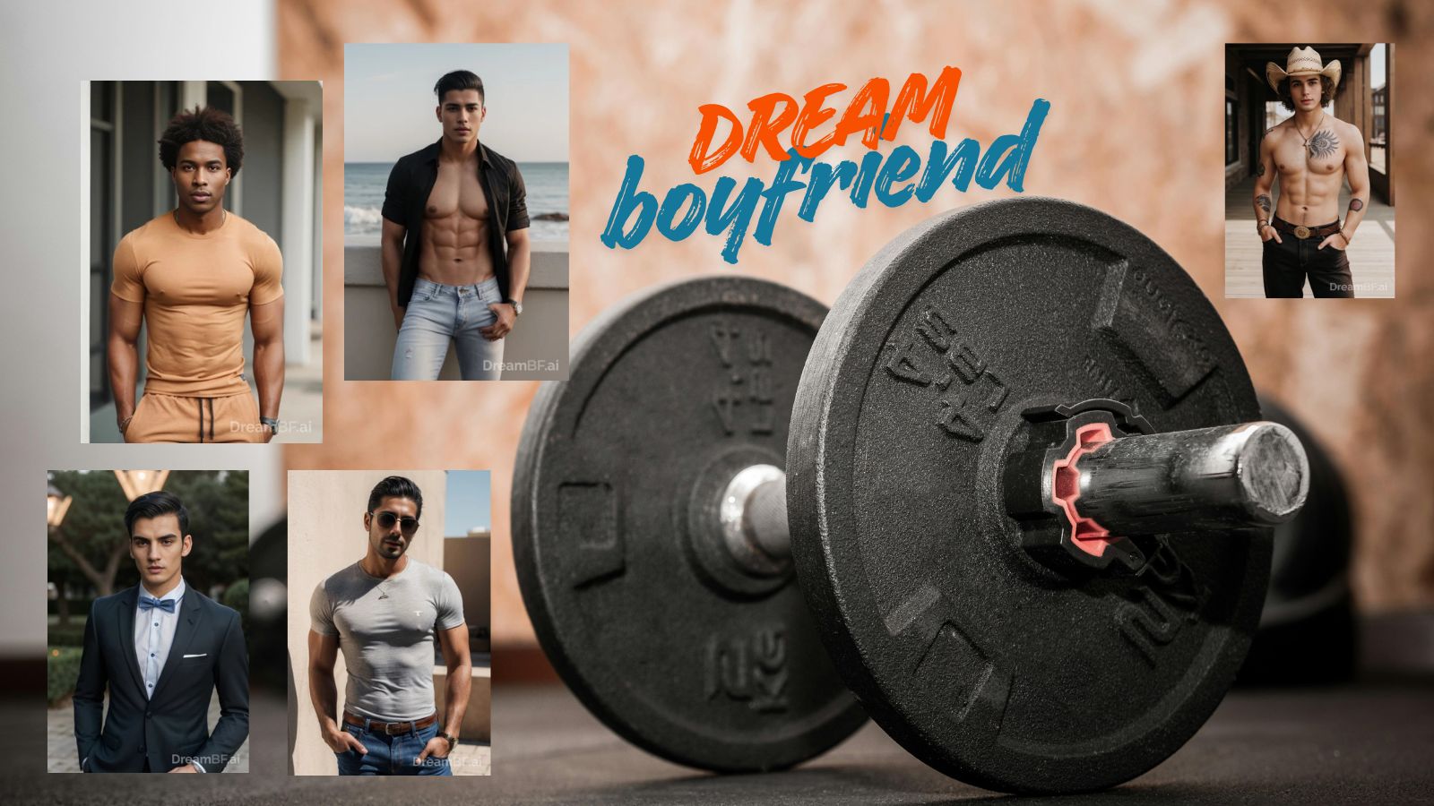 Five AI-generated men posing with gym weights, showcasing DreamBF.ai branding.