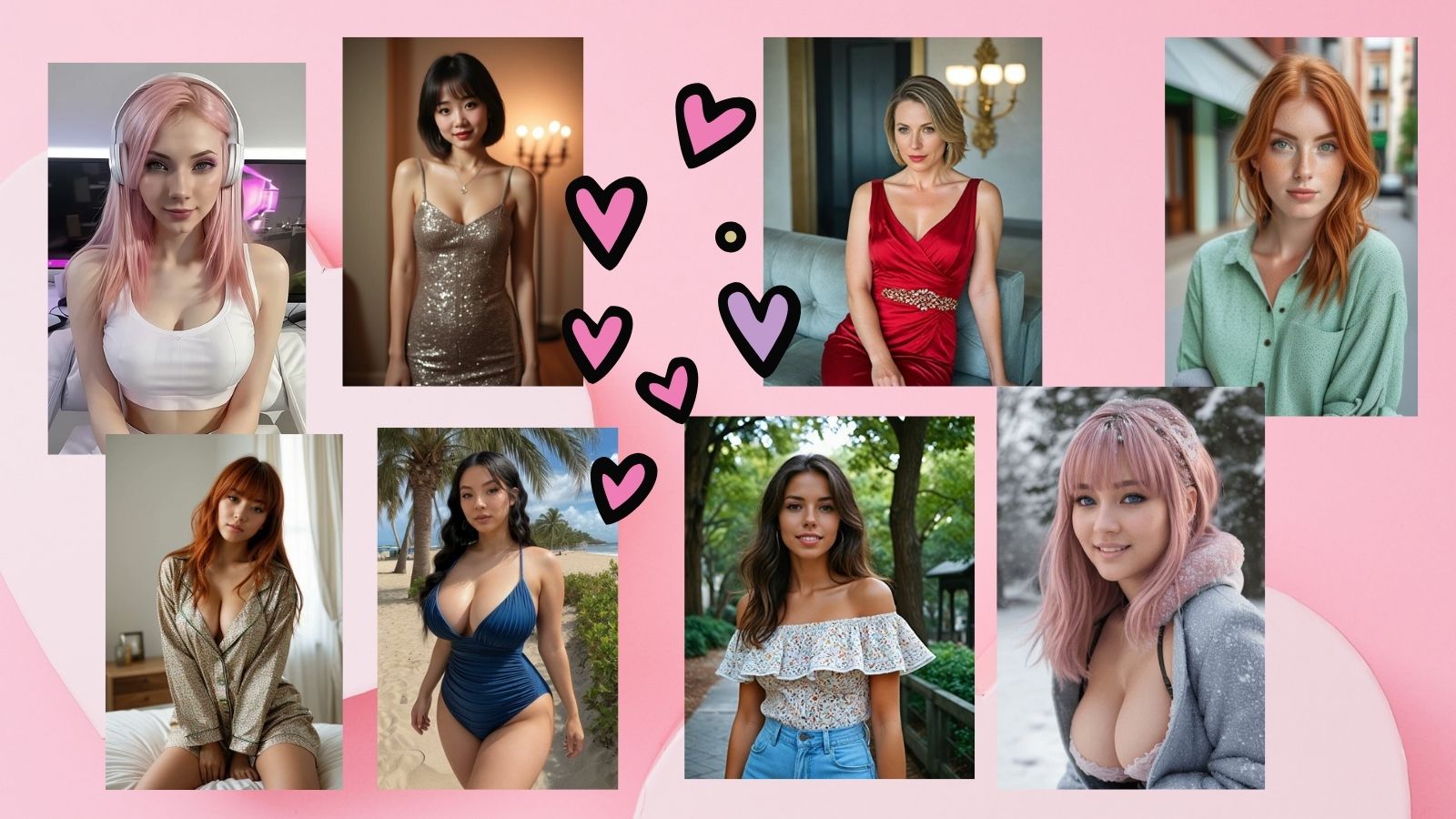 Eight AI girlfriends standing together against a glowing pink heart background, representing Candy AI and Lovescape AI comparison 2026.