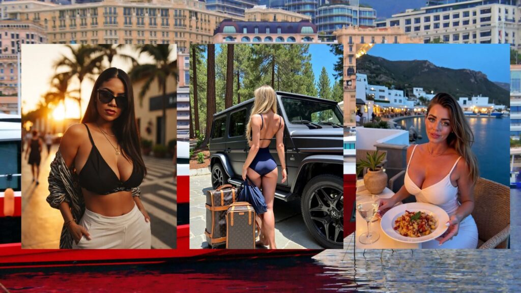 Three elegant AI girls overlooking Monte Carlo harbor with yachts, representing JustSext AI’s luxurious and creator-inspired chat experience in 2025.