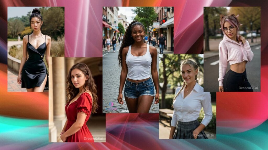 Five AI girlfriends standing against a backdrop of colorful lights — representing Kupid AI and DreamGF AI 2026 comparison.