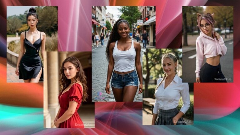 Five AI girlfriends standing against a backdrop of colorful lights — representing Kupid AI and DreamGF AI 2026 comparison.