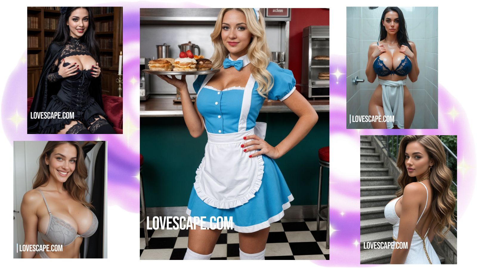 Five Lovescape AI girlfriends standing together under a dreamy pink and purple galaxy sky, symbolizing growth, emotion, and evolving digital love.