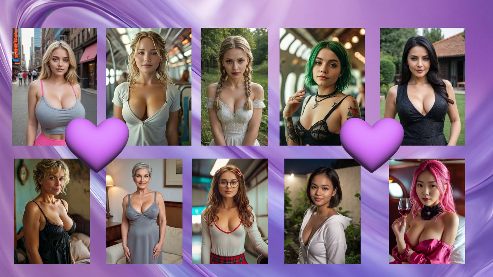 Ten AI girlfriend characters standing together on a purple background with two purple heart emojis, modern digital illustration.