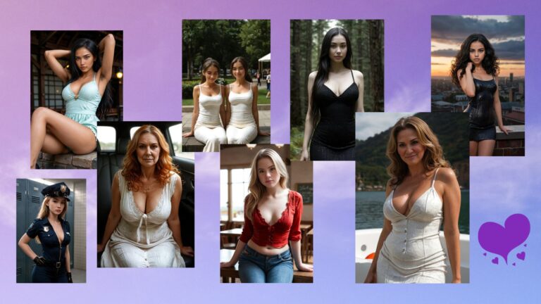 9 AI girls standing together under a purple sky with floating purple hearts, digital art style