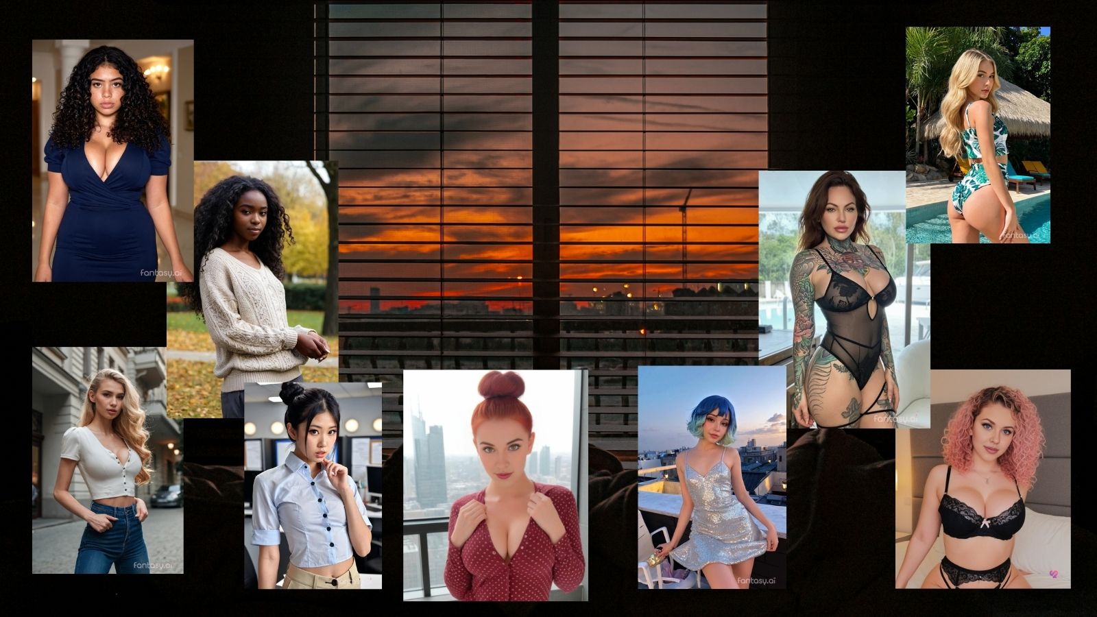 Nine AI girls illuminated by a warm sunset filtering through window shades, creating a soft golden glow across the room.