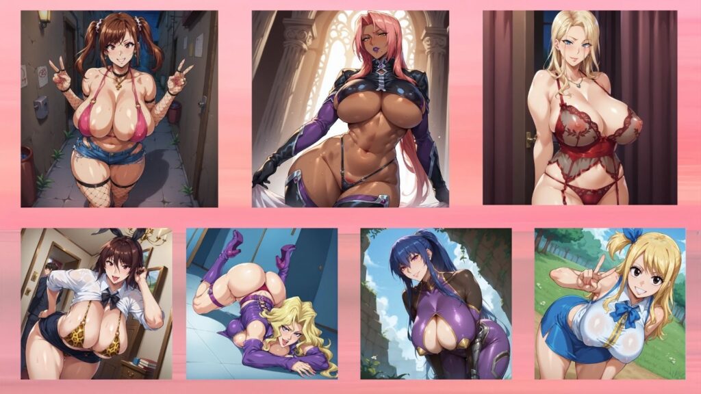 Seven anime-inspired AI girlfriends with a soft pink background and glowing atmosphere