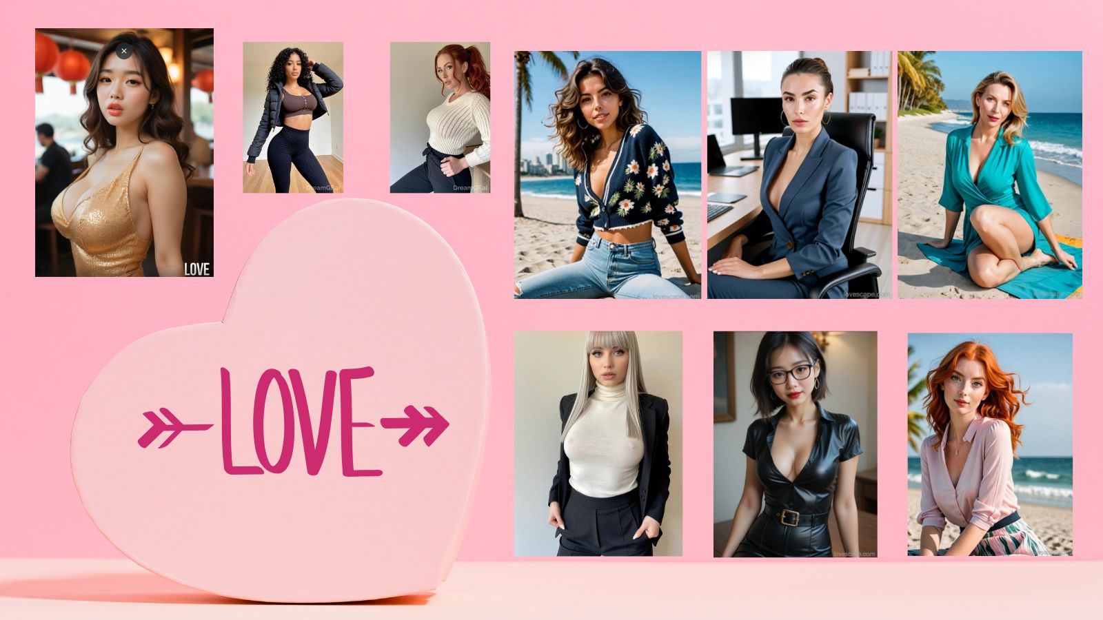 Nine AI girls with a pink background, a pink heart, and the word love in red