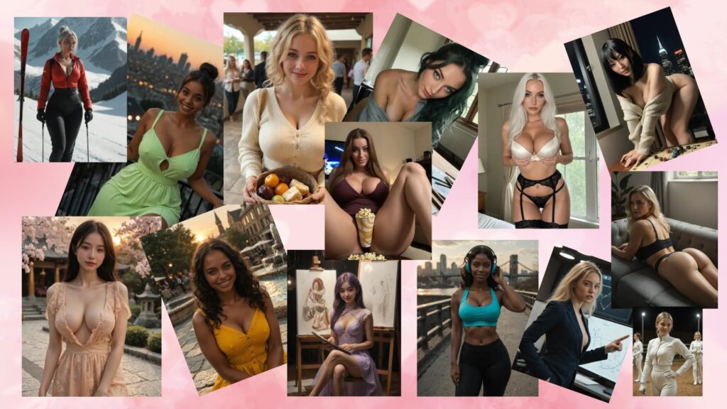 Fourteen AI girls standing together on a soft pink heart background, bright and friendly digital character lineup.