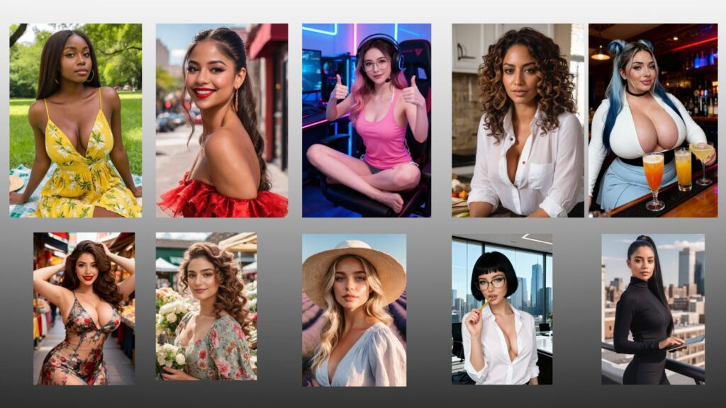 Ten AI girlfriend characters standing together on a neutral grey background with soft lighting and diverse digital styles.