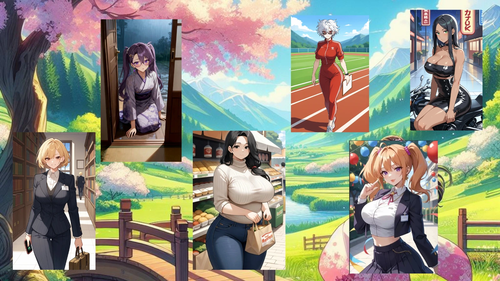 Six anime-style AI girls standing together in a colorful fantasy valley with a lake in the background, vibrant pastel colors and soft romantic lighting.