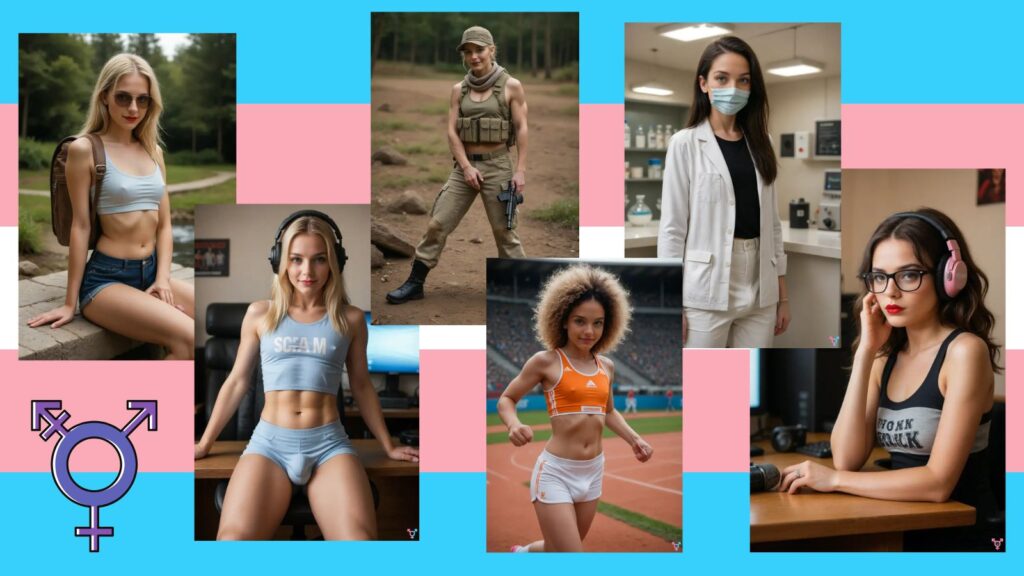Six transgender AI girls posing confidently with the transgender pride flag in the background, symbolizing inclusive AI love and gender freedom in 2025.