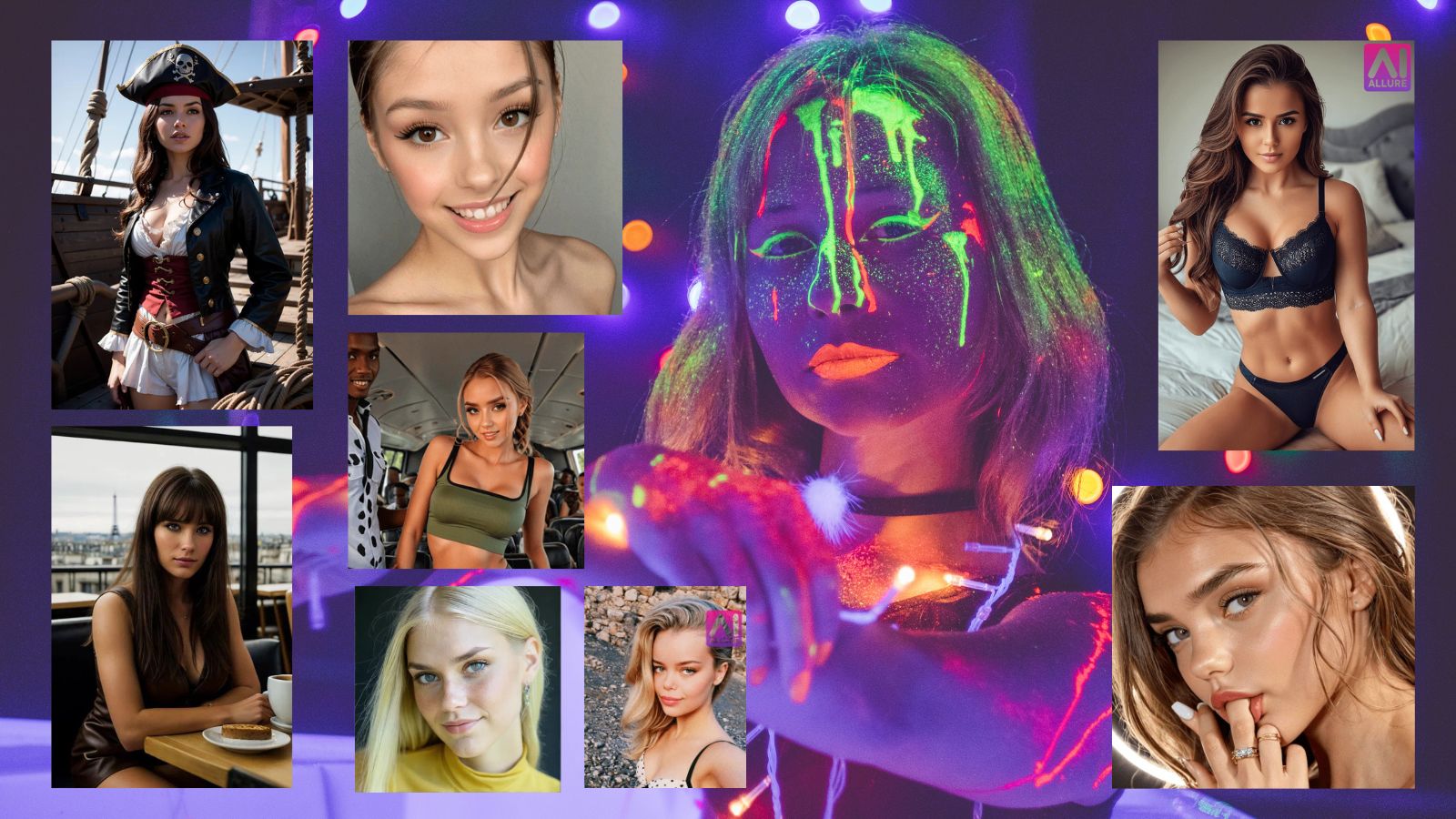 8 AI girls in front of a neon club background with glow-in-the-dark paint effects