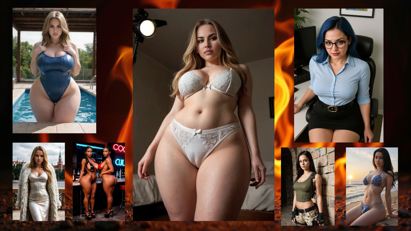 8 AI girlfriends standing together with a background of bright orange flames