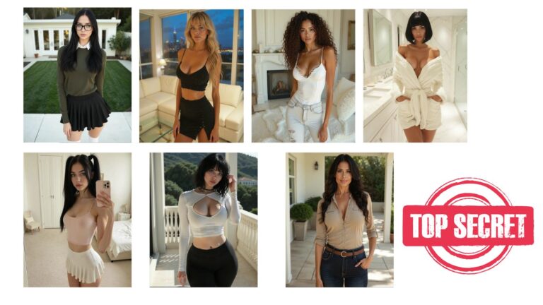 Seven AI-generated female characters standing against a clean white background, with a red “TOP SECRET” sign displayed in the bottom right corner — symbolizing hidden desires, private AI companions, or exclusive content.