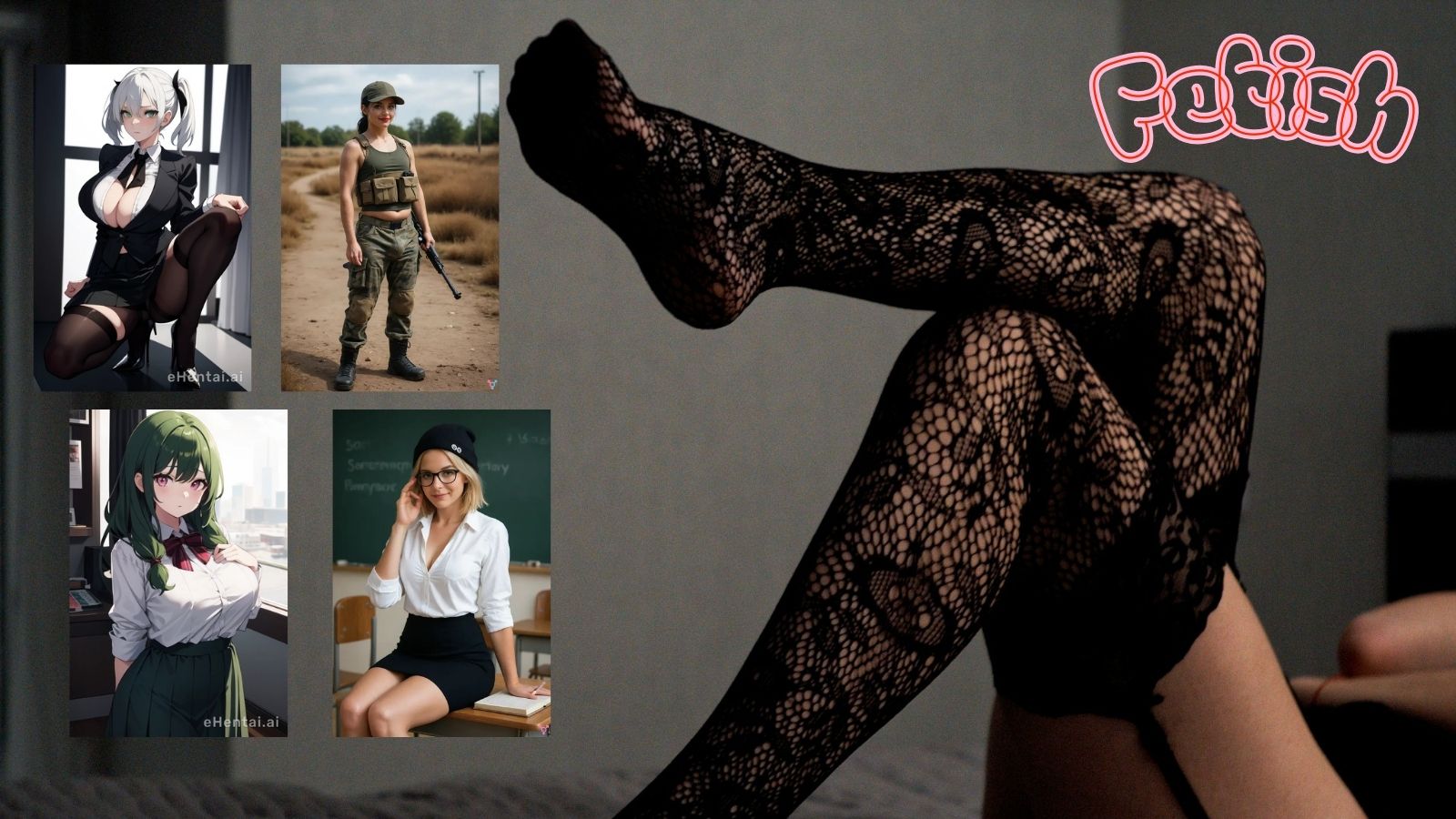 "Two realistic AI-generated women and two anime-style female characters posed together in a dimly lit bedroom setting; in the top-right corner, bold red text reads ‘FETISH’; a subtle silhouette of a woman in black lace stockings appears in the background."
