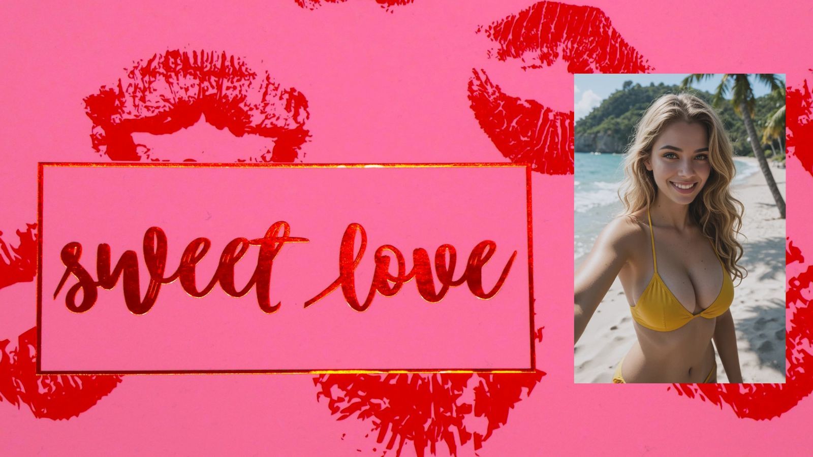 AI-generated girlfriend in yellow bikini on beach with pink background featuring red lipstick kiss marks and "Sweet Love" text in red