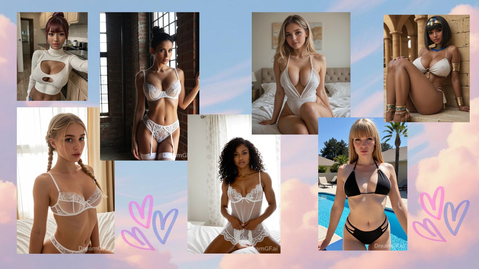 Seven AI-generated girlfriend characters from DreamGF.ai and Ourdream.ai comparison with dreamy blue pink and red cloud background and heart graphics