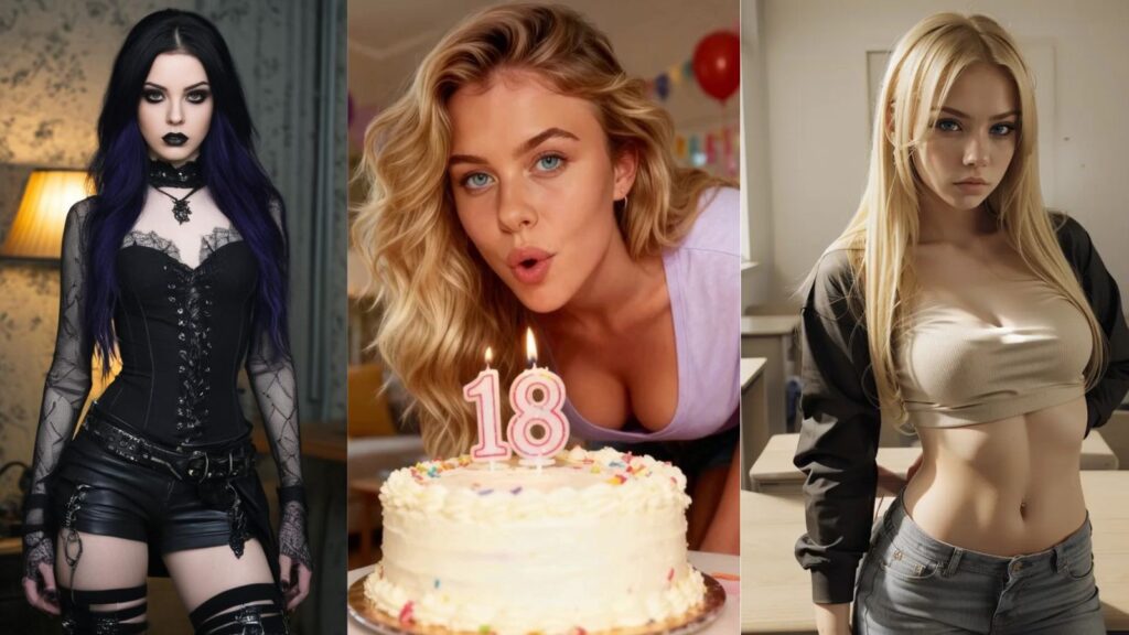 Three AI girlfriend characters celebrating 18th birthday with middle girl blowing out candles on cake, goth teen girl on left, and blonde teen in brown bomber jacket on right