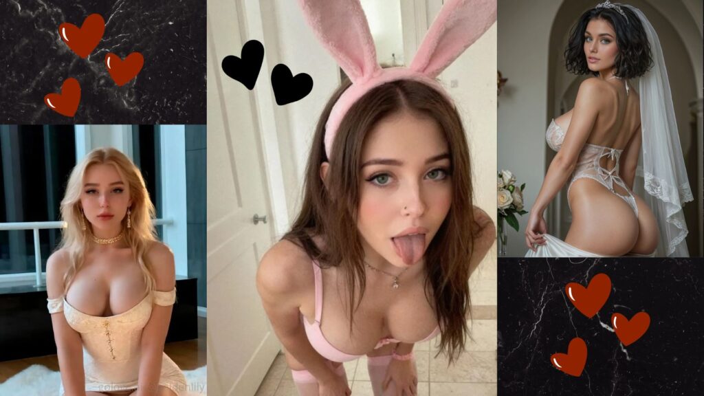 Three AI girlfriend characters with middle girl wearing pink bunny ears on black background with red heart graphics in corner representing top AI girlfriend websites 2026