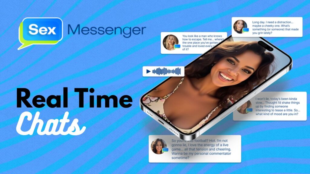 Sex Messenger logo on blue background with smartphone graphic showing female user and chat bubbles representing real-time adult messaging platform 2026