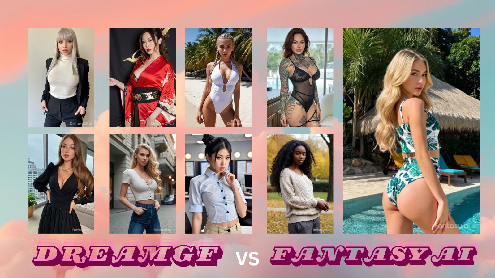 9 AI girls against an orange and blue sunset cloud background with the words “DreamGF vs Fantasy AI” along the bottom