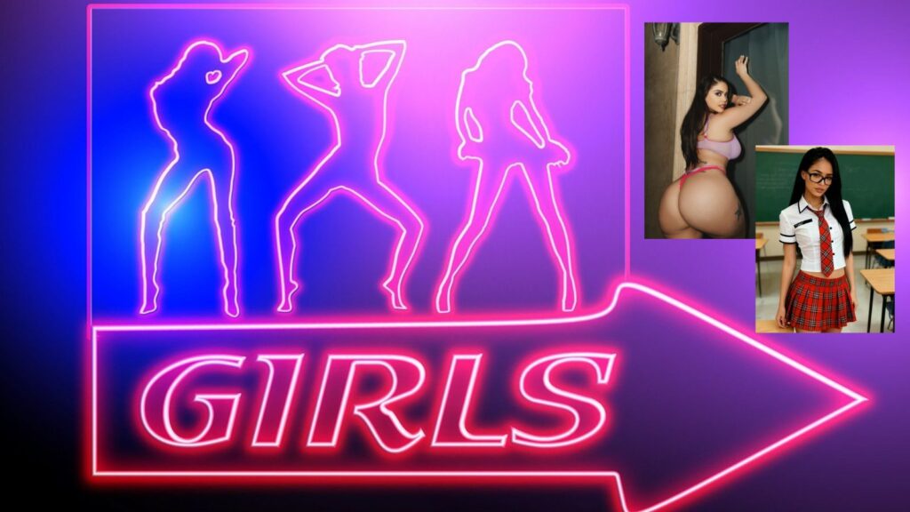 Two AI girlfriend characters with neon sign reading Girls in background representing best uncensored AI girlfriends 2026 comparison Candy AI DreamGF JustSext