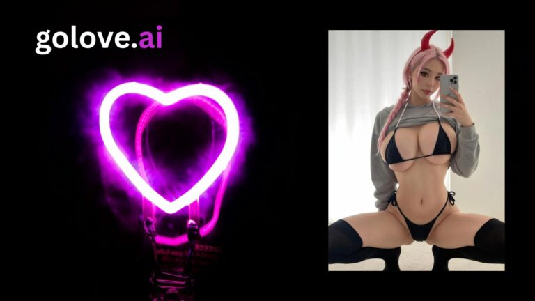 AI girlfriend with black background and neon purple heart featuring GoLove.ai branding for 2026 customization review