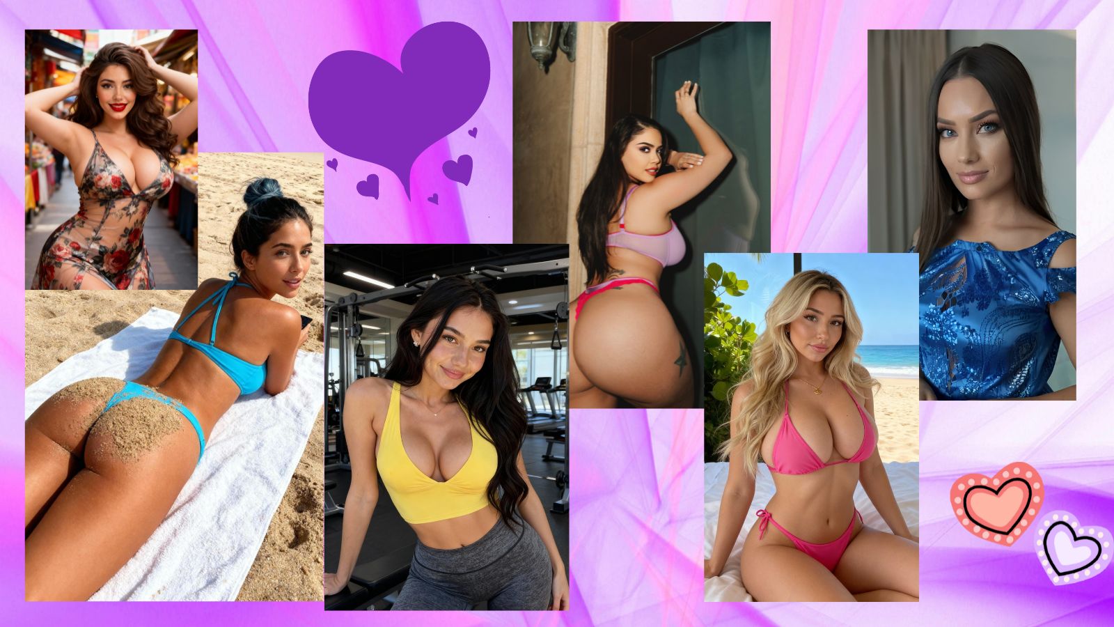 Six diverse AI-generated female companions smiling together, each with unique hairstyles and outfits, set against a soft gradient of lavender to deep plum with floating purple heart motifs.