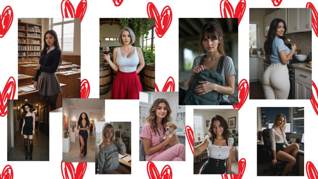 0 custom AI-generated girls standing in front of a glowing red heart background, representing virtual girlfriend avatars.