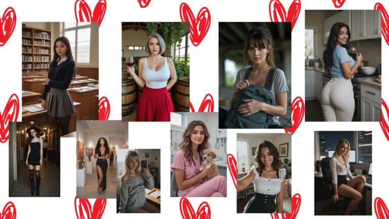 0 custom AI-generated girls standing in front of a glowing red heart background, representing virtual girlfriend avatars.