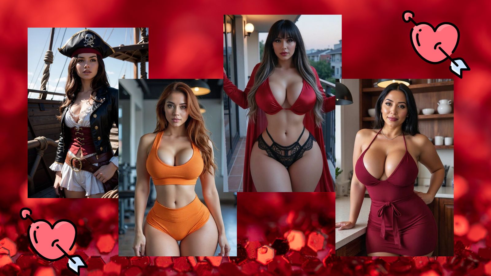 Four AI-generated virtual girls posing against a sparkling red glitter background, accented by two pink hearts with arrows — symbolizing digital romance and connection.