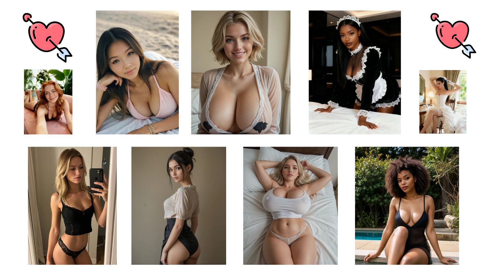 ne diverse AI-generated virtual girls standing against a clean white background with two pink hearts pierced by arrows in the top left and right corners, symbolizing affection and digital connection.