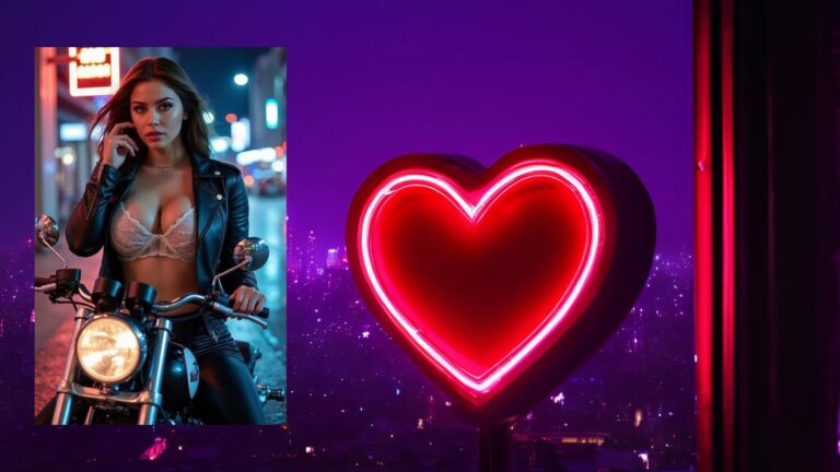 AI-generated woman on a futuristic motorbike, illuminated by a red neon heart sign against a cityscape night background — blending cyberpunk aesthetic with digital intimacy.