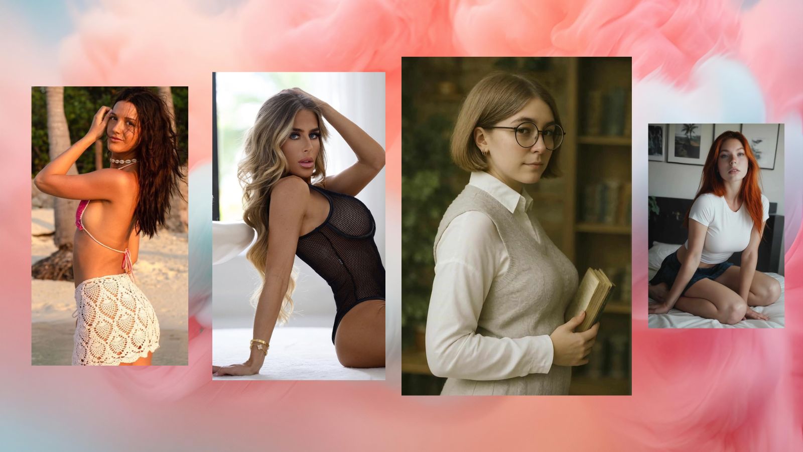 Four AI-generated female characters posing together in front of a soft, dreamy background filled with pink and white clouds — evoking fantasy, romance, and aesthetic calm.