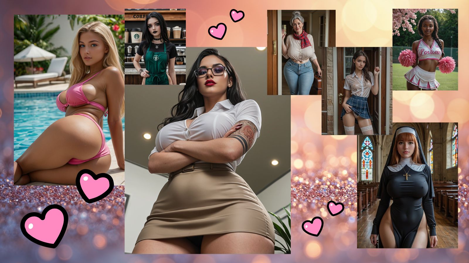 7 AI girls on a glitter background with graphic pink hearts, digital style