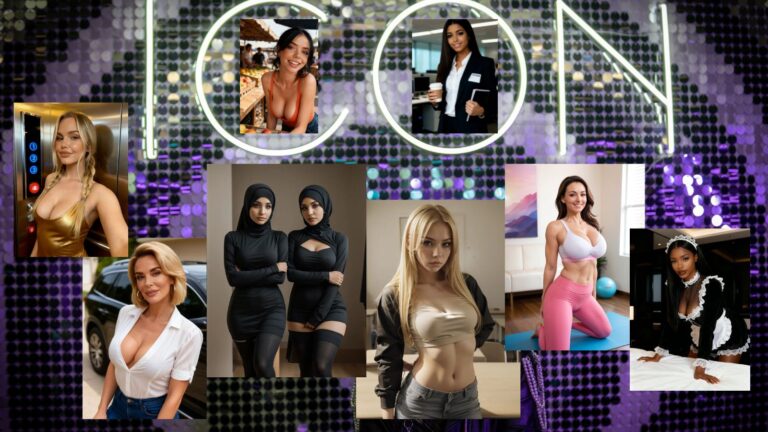 9 AI girls on a glitter background with the word ICON in bold text