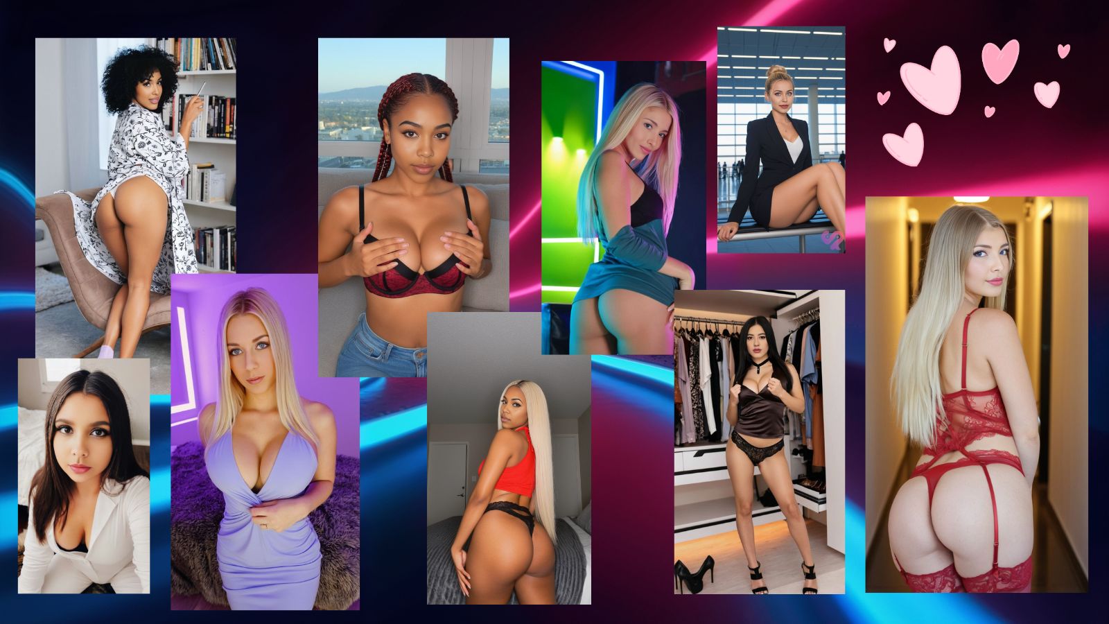 9 AI girlfriend characters standing together against a neon lights background, with a few small pink hearts in the top right corner