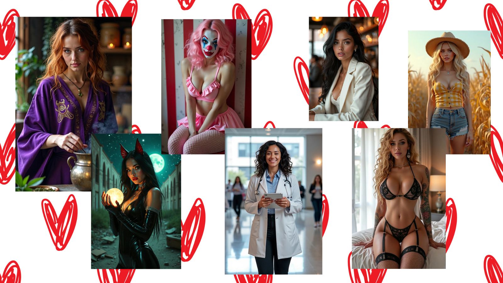 Seven AI girls in colorful cosplay outfits on a bright red heart background, arranged in a gallery-style composition