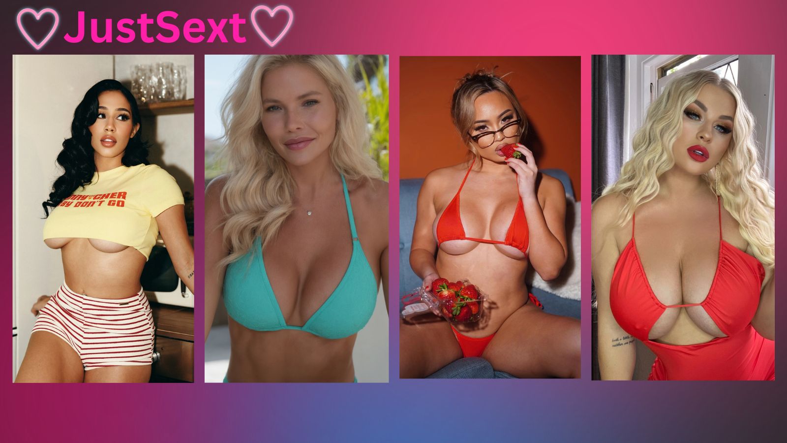 4 seductive AI girlfriends showcasing JustSext 2026 features on purple pink gradient background with JustSext logo top left - real OnlyFans twins live voice calls