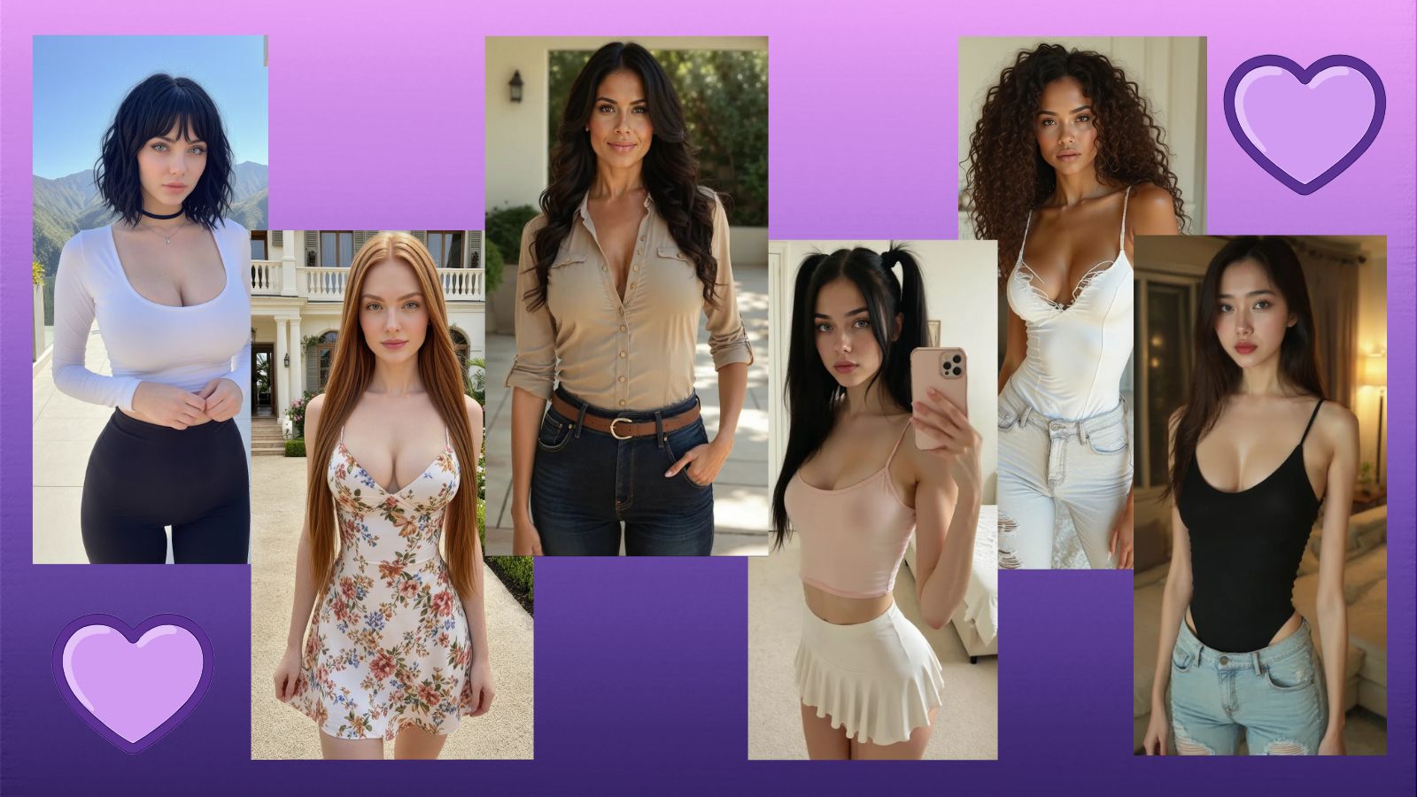 Six Secrets AI generated female characters in diverse styles against a purple gradient background with two floating purple heart graphics, illustrating the Free vs Premium tier comparison for 2026.
