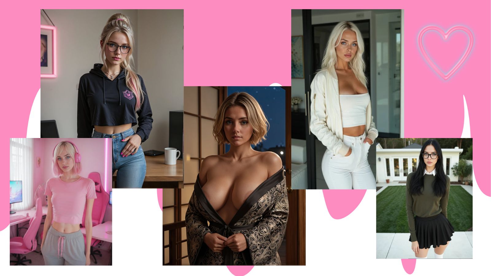 Five AI girlfriend companions posed together against vibrant pink background with white flame effects and pink heart decoration in top right corner - Secrets AI vs OurDream AI 2026 comparison review