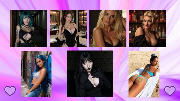 Seven AI girlfriend characters standing together against a purple background representing Fanfinity AI's diverse character creation options in 2026