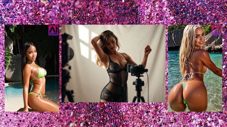 Three AI girlfriend characters from Allure AI with pink and purple sparkle glitter background representing unlimited free NSFW image generation and 1000 plus live models in 2026