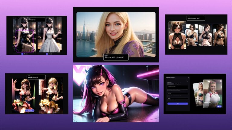 8 AI-generated female characters showcasing different styles including anime and photorealistic renders against a vibrant purple gradient background demonstrating Promptchan AI V8 capabilities