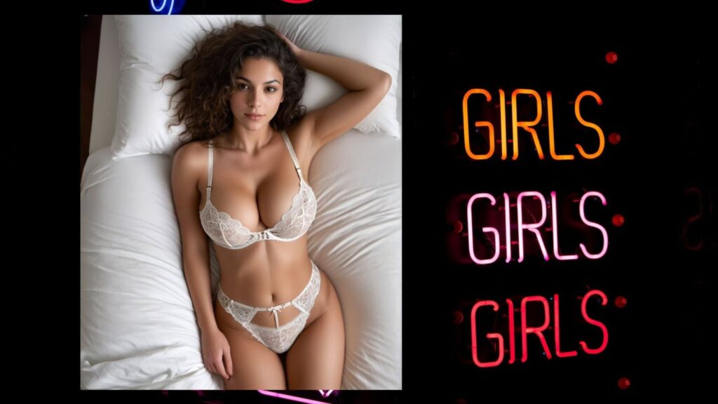 AI-generated woman wearing black lingerie posing against a dark background with a pink neon sign reading GIRLS GIRLS GIRLS, representing the SweetDream AI vs aiAllure AI comparison for uncensored AI girlfriend apps in 2026.