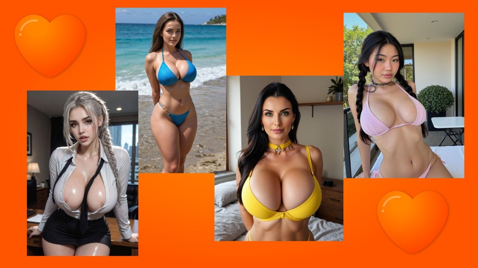 Four AI girlfriend companions standing together against vibrant orange background with decorative orange hearts in corners - Spicier AI vs Secrets AI 2026 comparison review